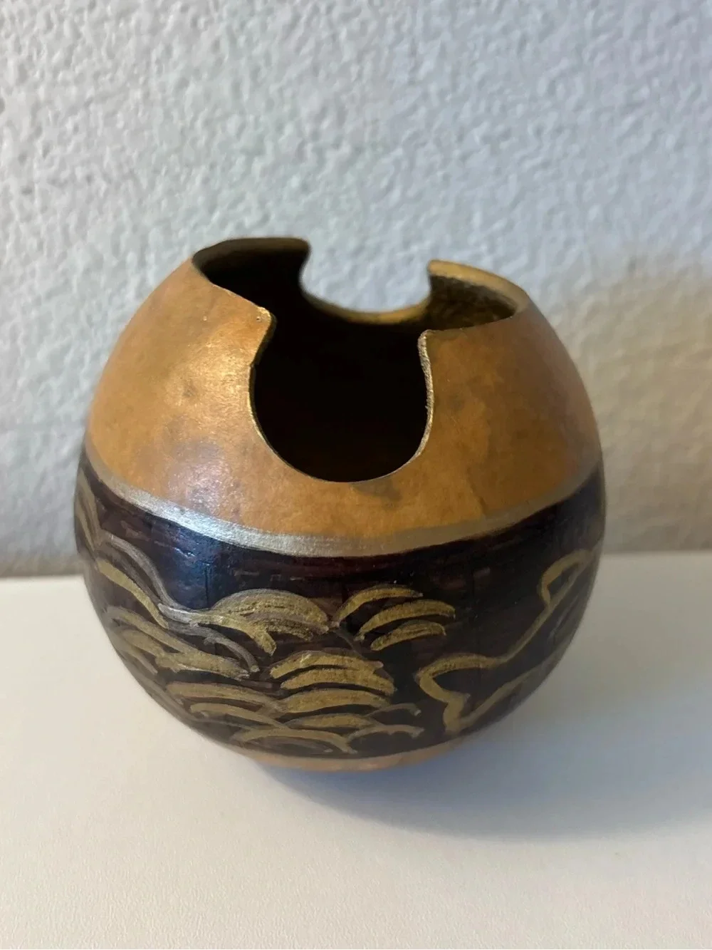 Hand‑Carved Decorative Gourd Bowl • Folk Art • Rustic Boho Home Decor